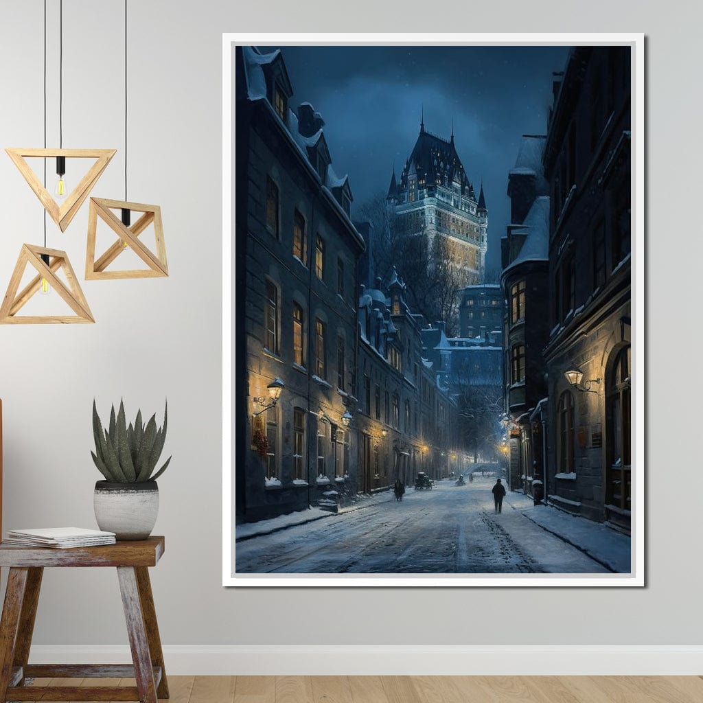 Quebec City Street On a Winter Night Canvas Wall Art