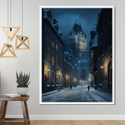 Quebec City Street On a Winter Night Canvas Wall Art