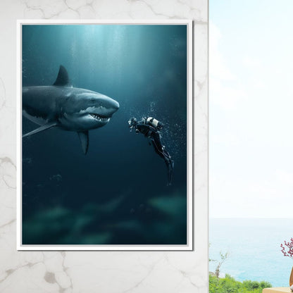 Shark Meets Diver Canvas Wall Art