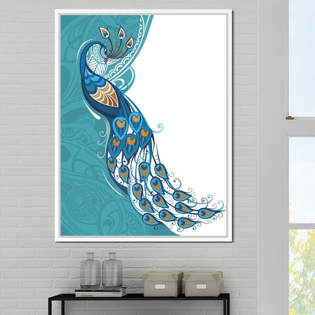 Peacock on Turquoise & White Background Canvas Wall Art