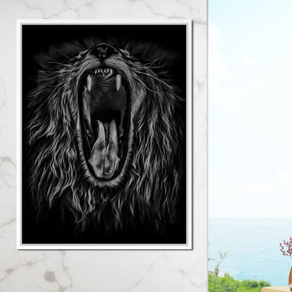 Black and White Roaring Lion Canvas Wall Art