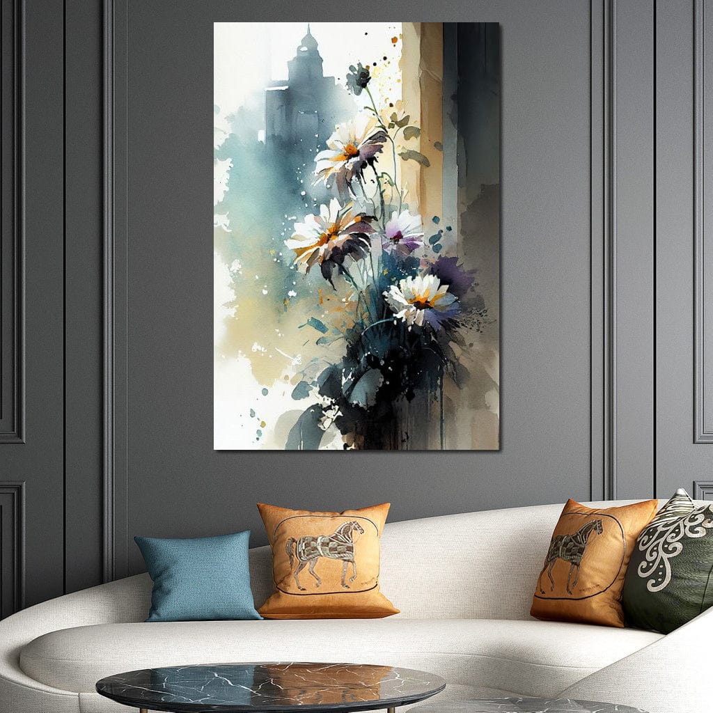White & Teal Watercolor Flowers Canvas Wall Art