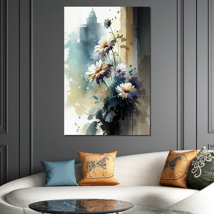 White & Teal Watercolor Flowers Canvas Wall Art