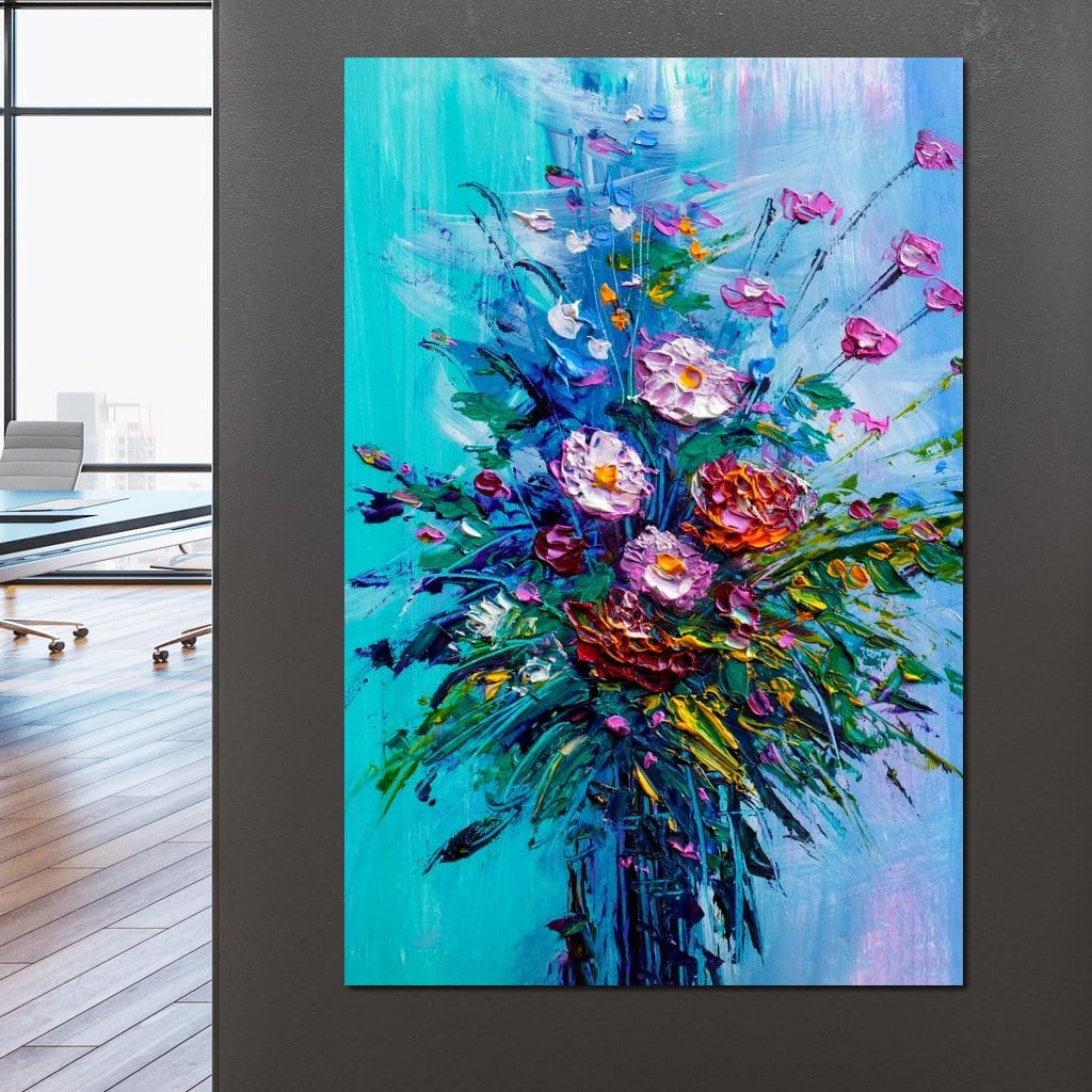 Bouquet of Flowers on Blue Background Canvas Wall Art