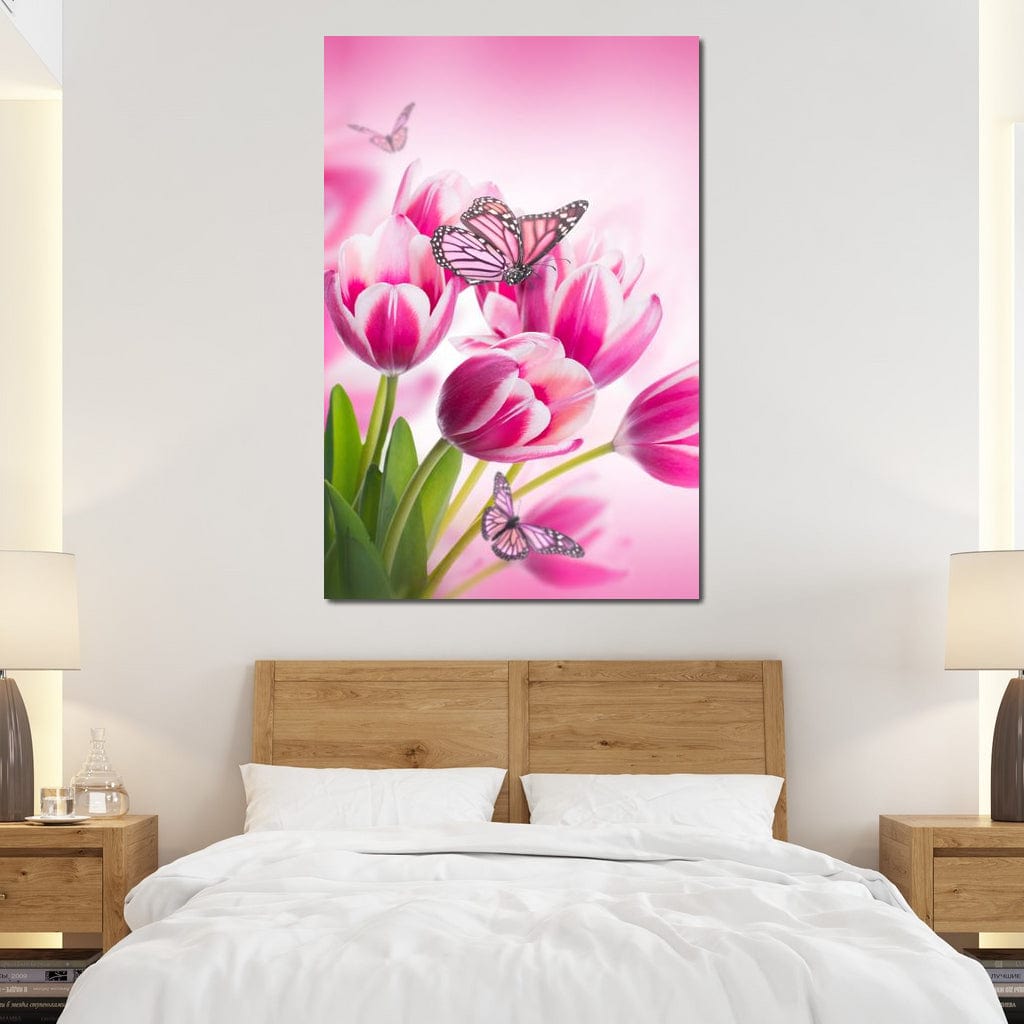 Bouquet of Pink Tulips & Butterflies Canvas Wall Art