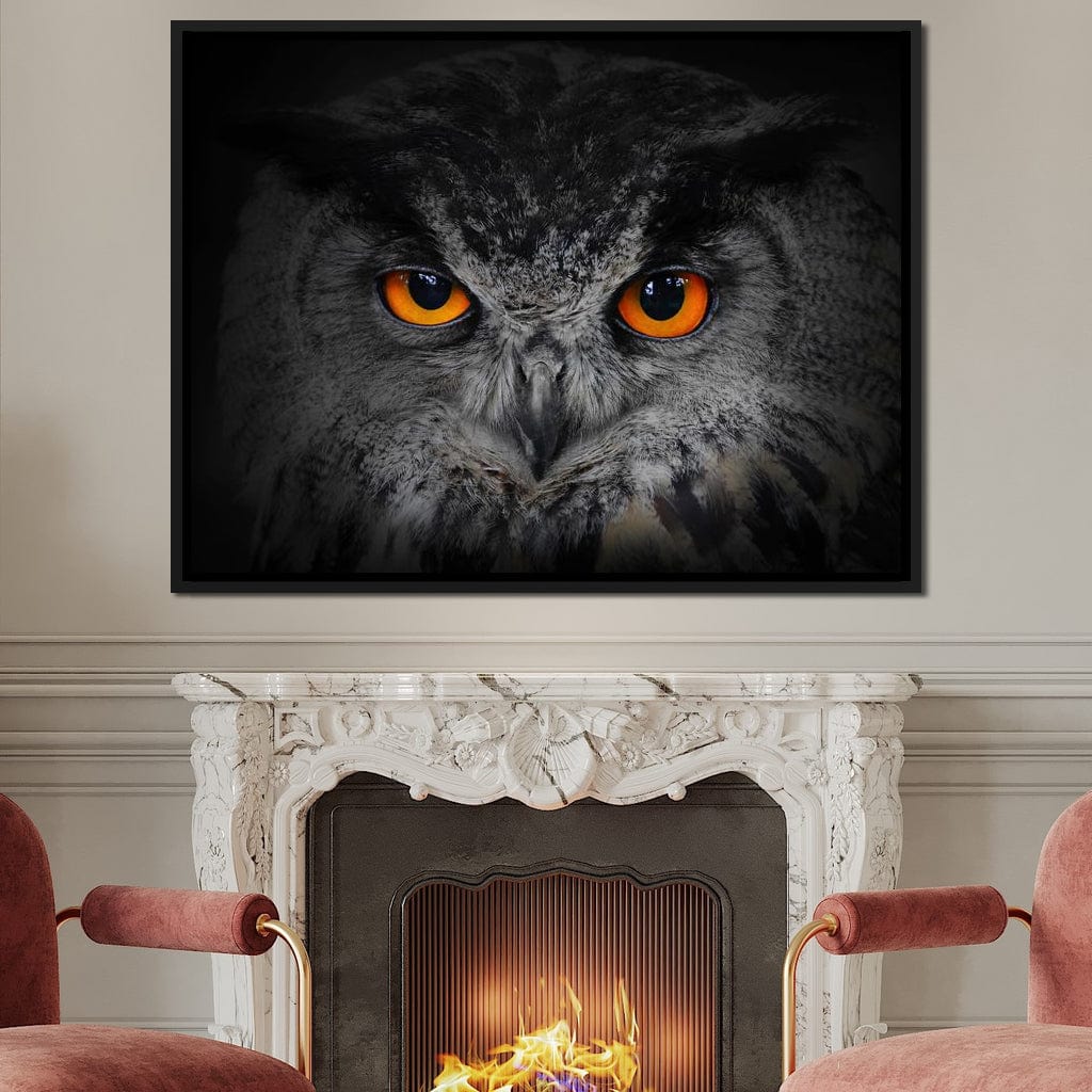 Black & White Owl with Orange Eyes Canvas Wall Art