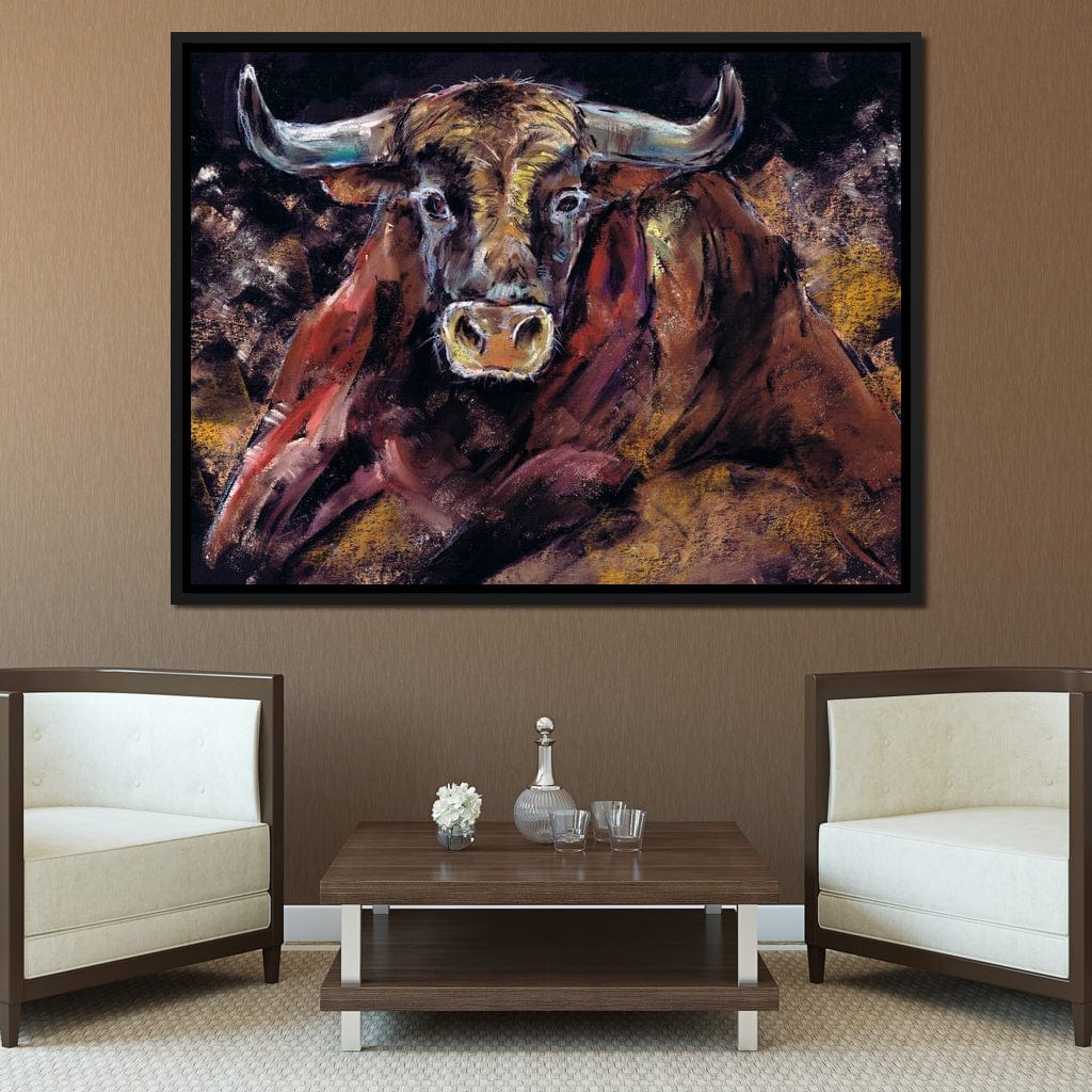 Brown Bull Charge Canvas Wall Art