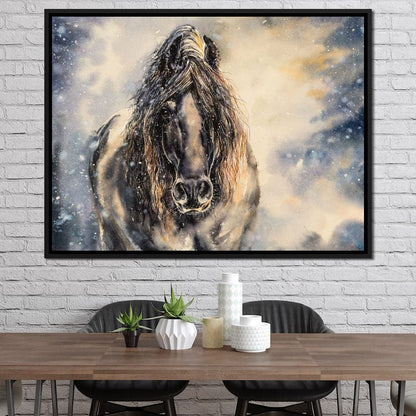 Black Horse in Winter Canvas Wall Art