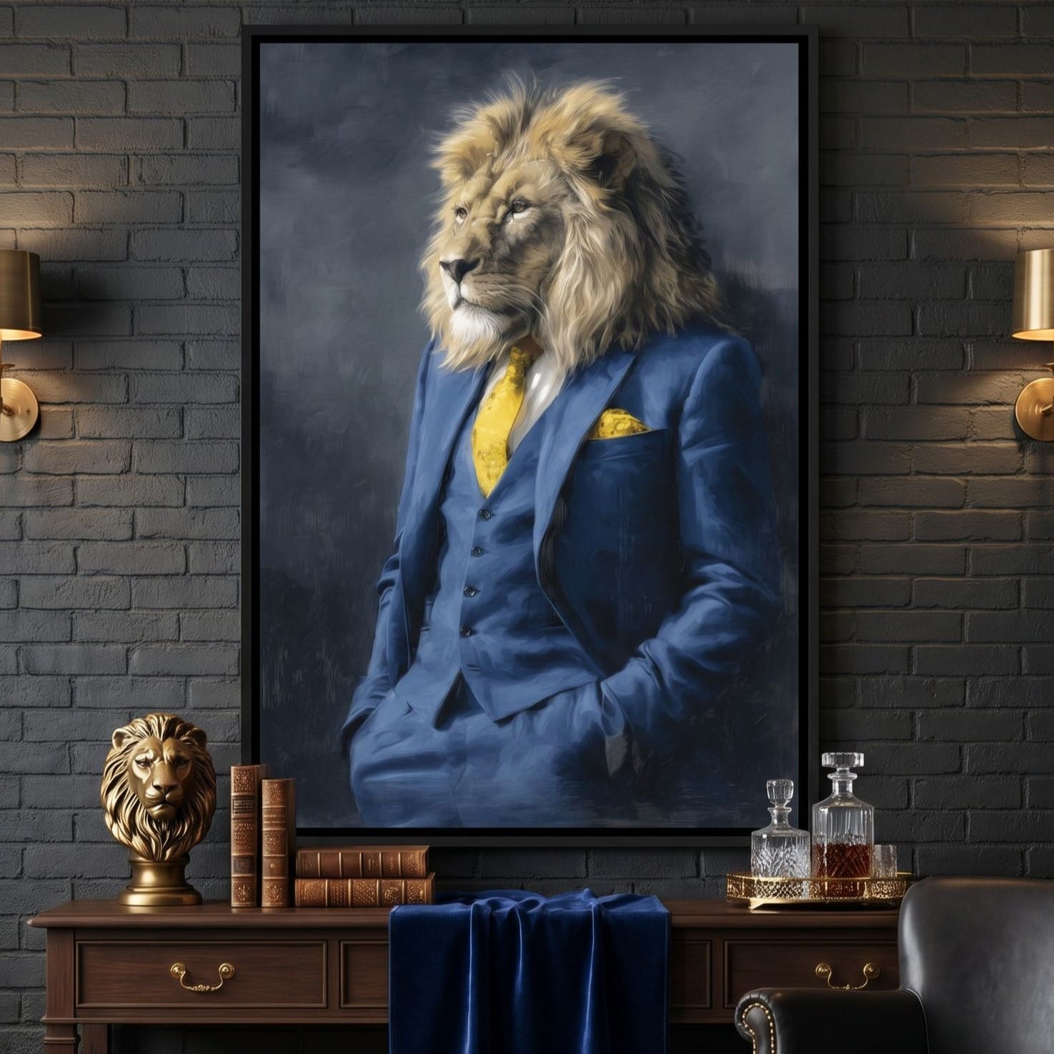 Regal Lion Portrait Blue Suit Canvas Wall Art