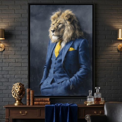 Regal Lion Portrait Blue Suit Canvas Wall Art
