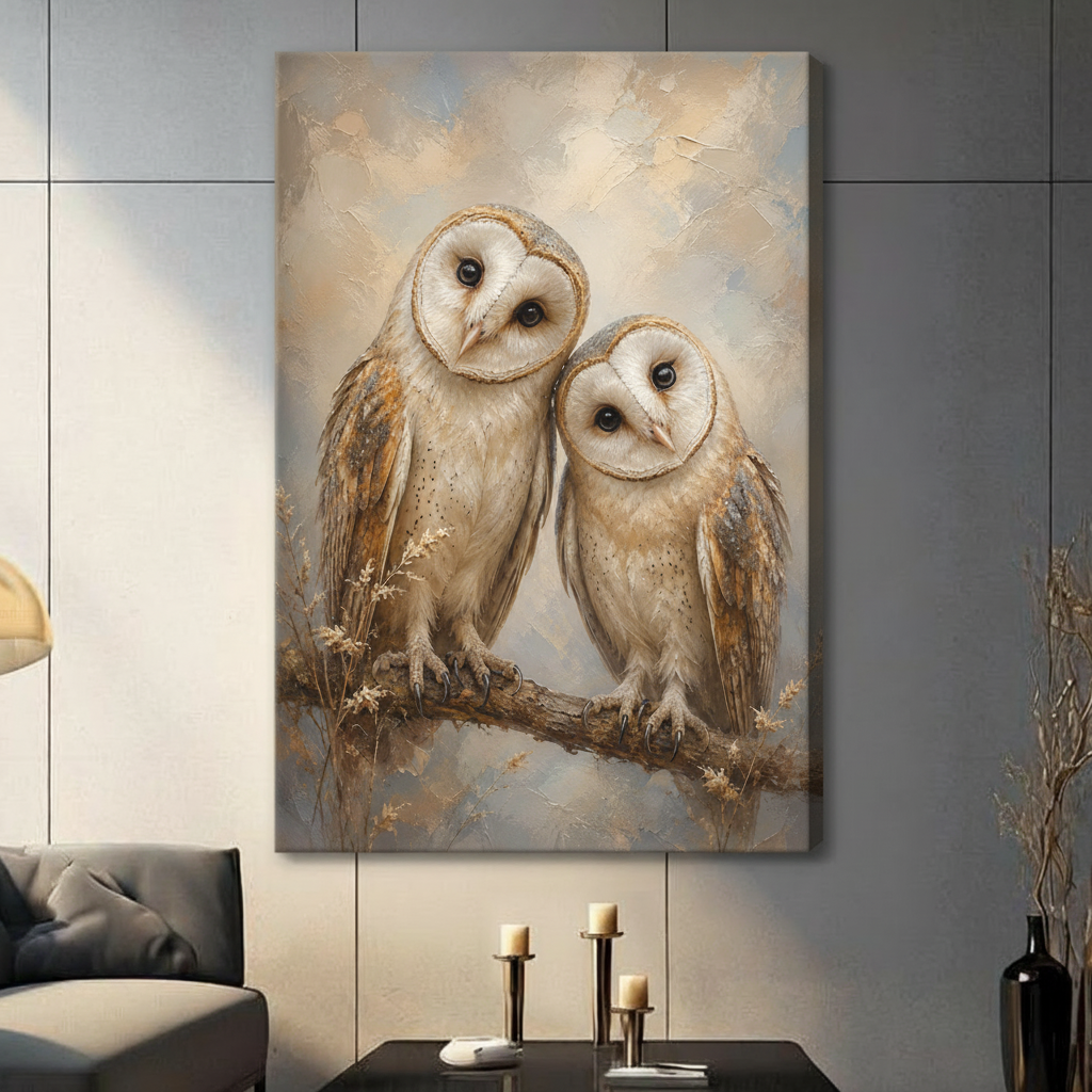 Barn Owl Pair Vintage Impressionist Oil Painting Canvas Art