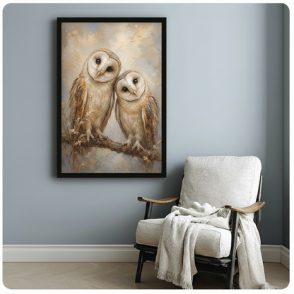 Barn Owl Pair Vintage Impressionist Oil Painting Canvas Art