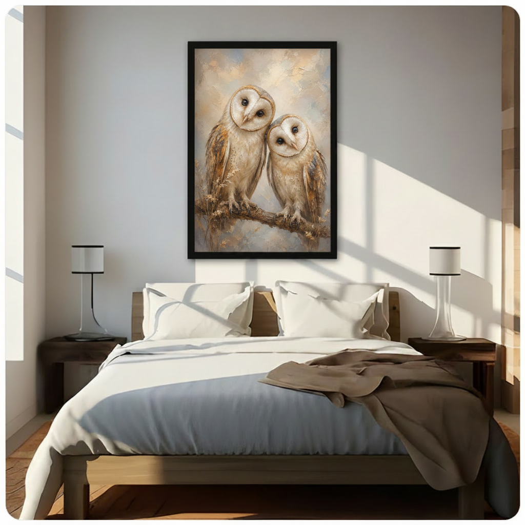 Barn Owl Pair Vintage Impressionist Oil Painting Canvas Art