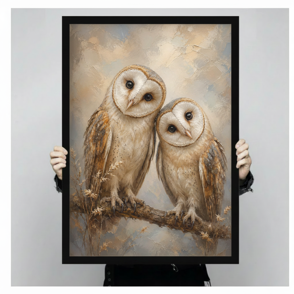 Barn Owl Pair Vintage Impressionist Oil Painting Canvas Art