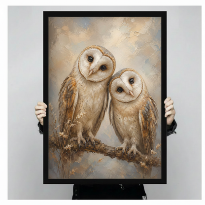 Barn Owl Pair Vintage Impressionist Oil Painting Canvas Art