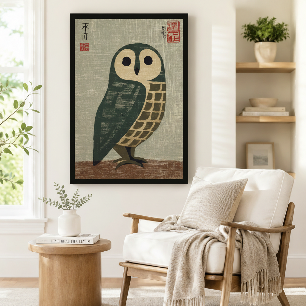 Japanese Barn Owl Woodblock Canvas Wall Art