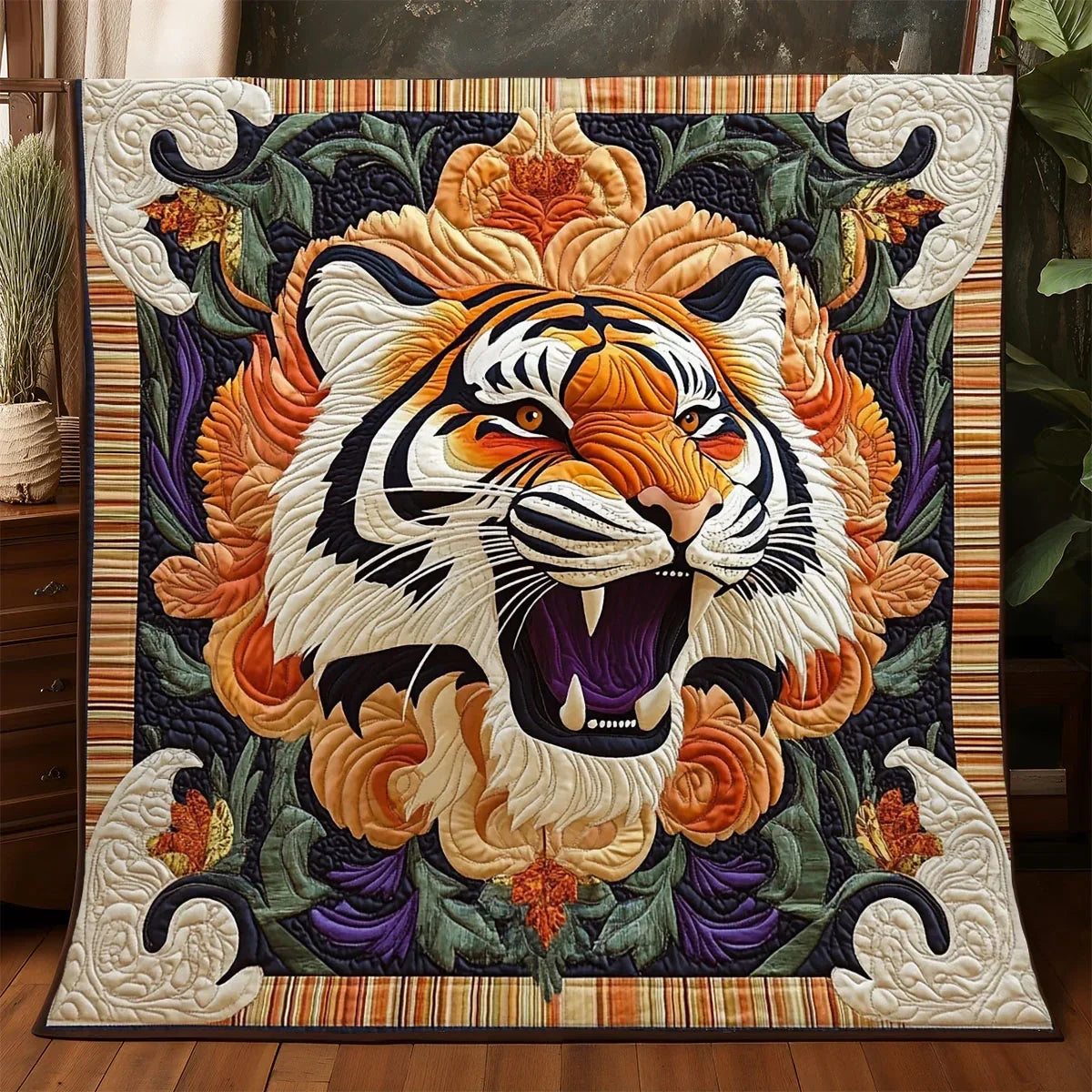 Baroque Tiger Portrait Quilt Blanket