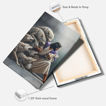 jesus protects the lamb from wolves wall art canvas (Landscape)