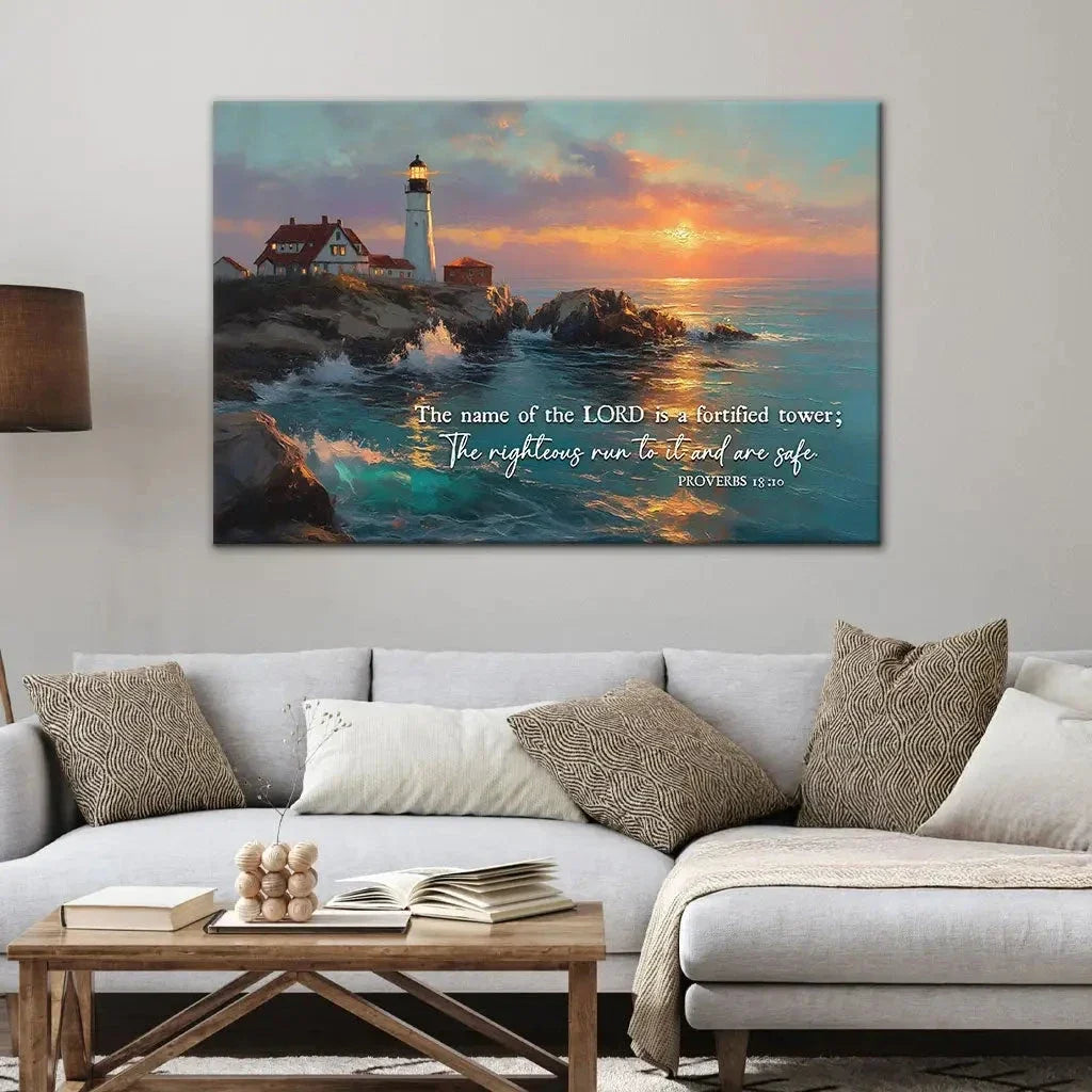 the name of the lord is a fortified tower proverbs 18 10 wall art canvas (Landscape)