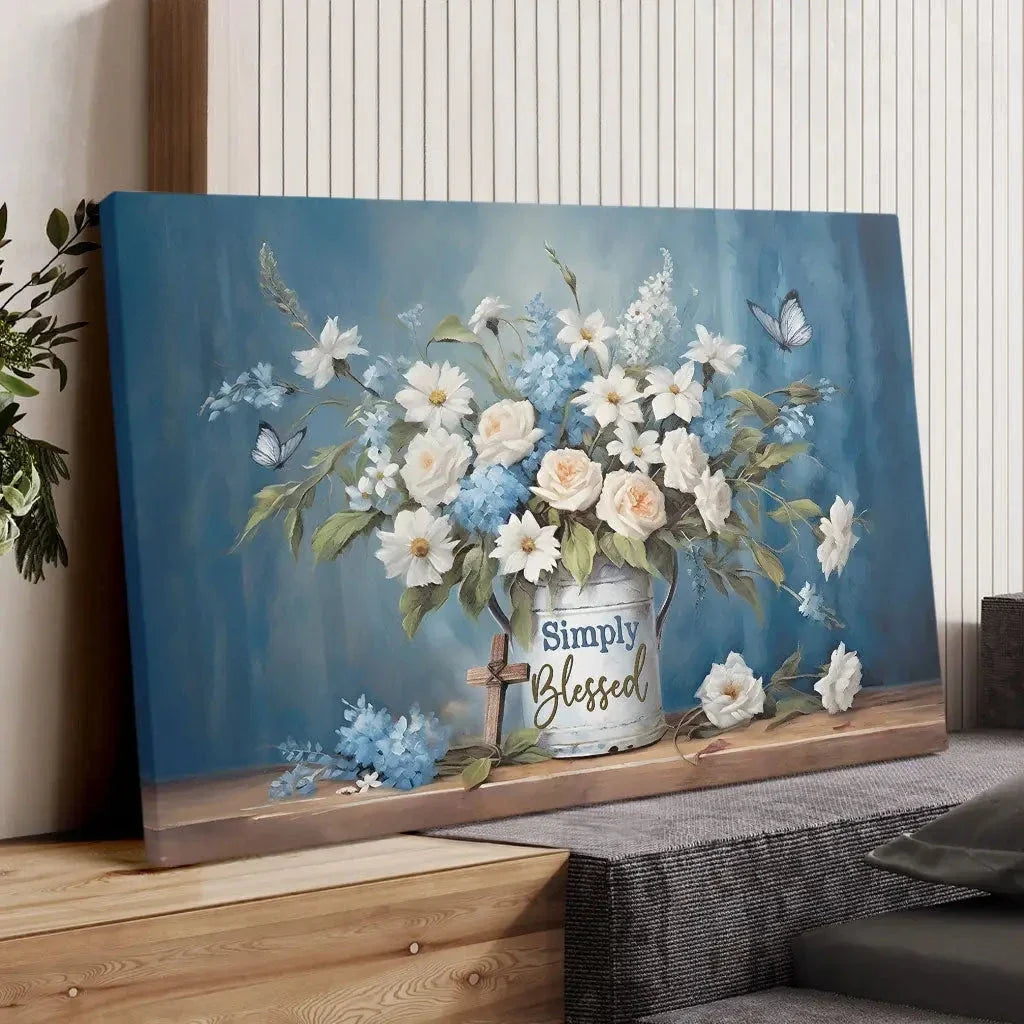 simply blessed wall art canvas flowers and butterflies christian wall decor (Landscape)