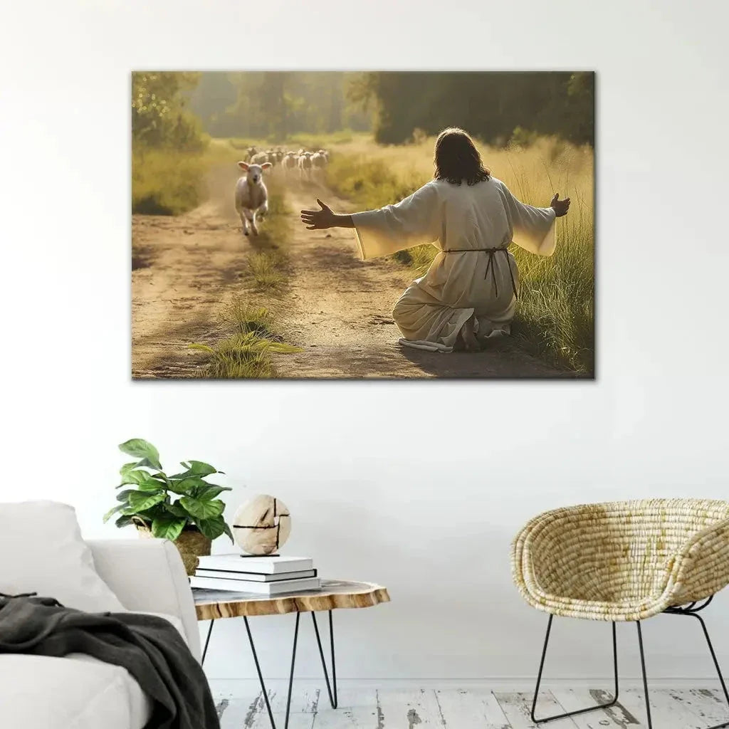 lamb runs to jesus wall art canvas (Landscape)