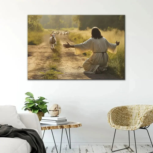lamb runs to jesus wall art canvas (Landscape)