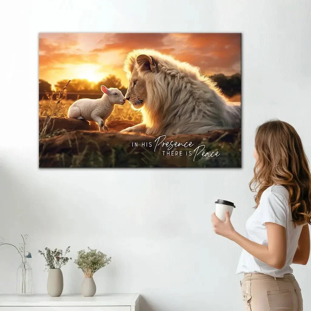 in his presence there is peace lion and lamb wall art canvas (Landscape)