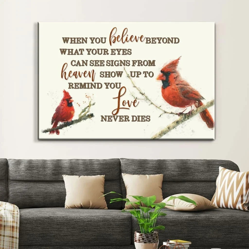 when you believe beyond what your eyes can see cardinal christian wall art canvas (Landscape)