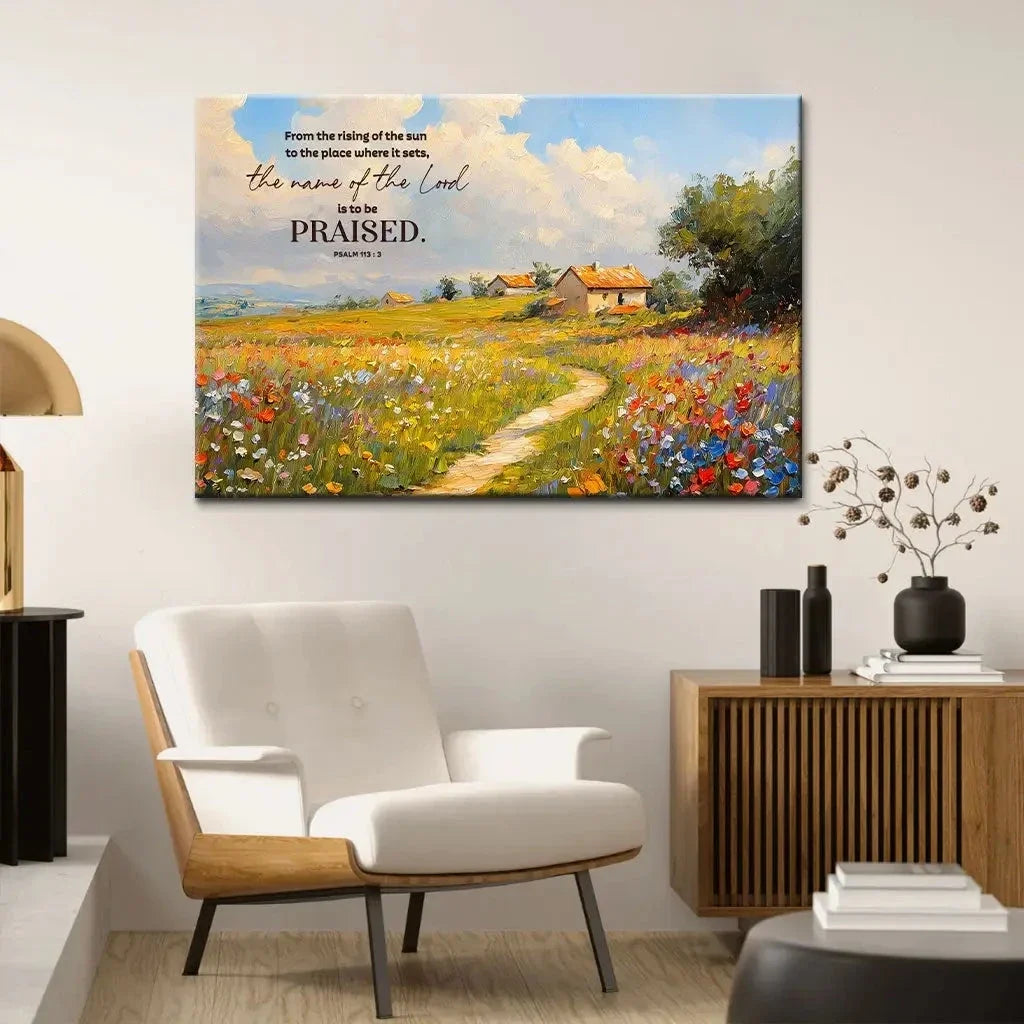 psalm 113 3 from the rising of the sun bible verse wall art canvas (Landscape)