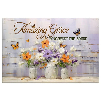 amazing grace how sweet the sound wall art butterflies flowers christian canvas art (Landscape)