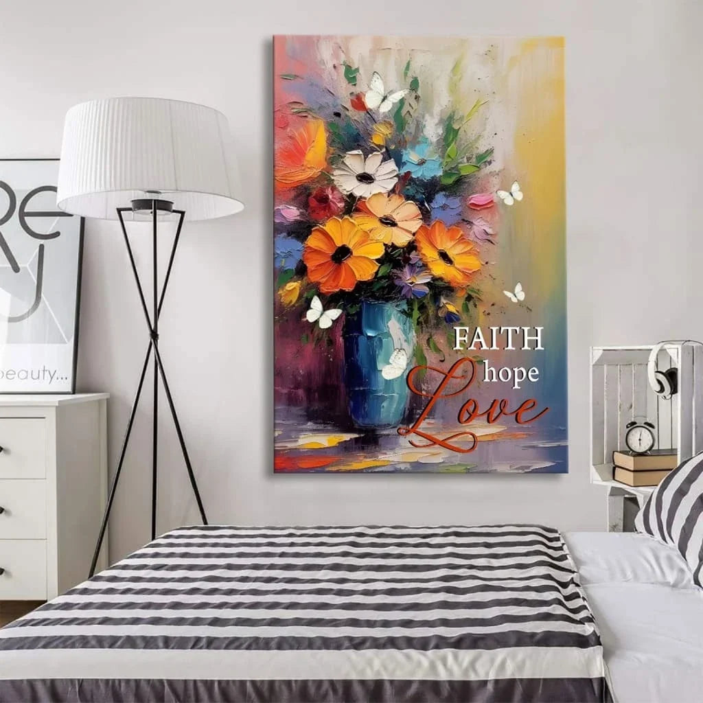 faith hope love butterfly vase with flowers wall art canvas print