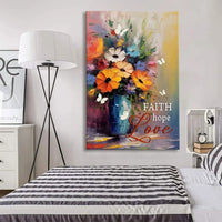 faith hope love butterfly vase with flowers wall art canvas print