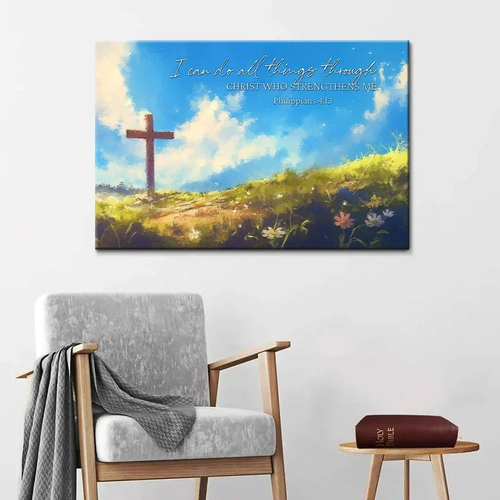 i can do all things through christ wooden cross philippians 4 13 wall art canvas print (Landscape)