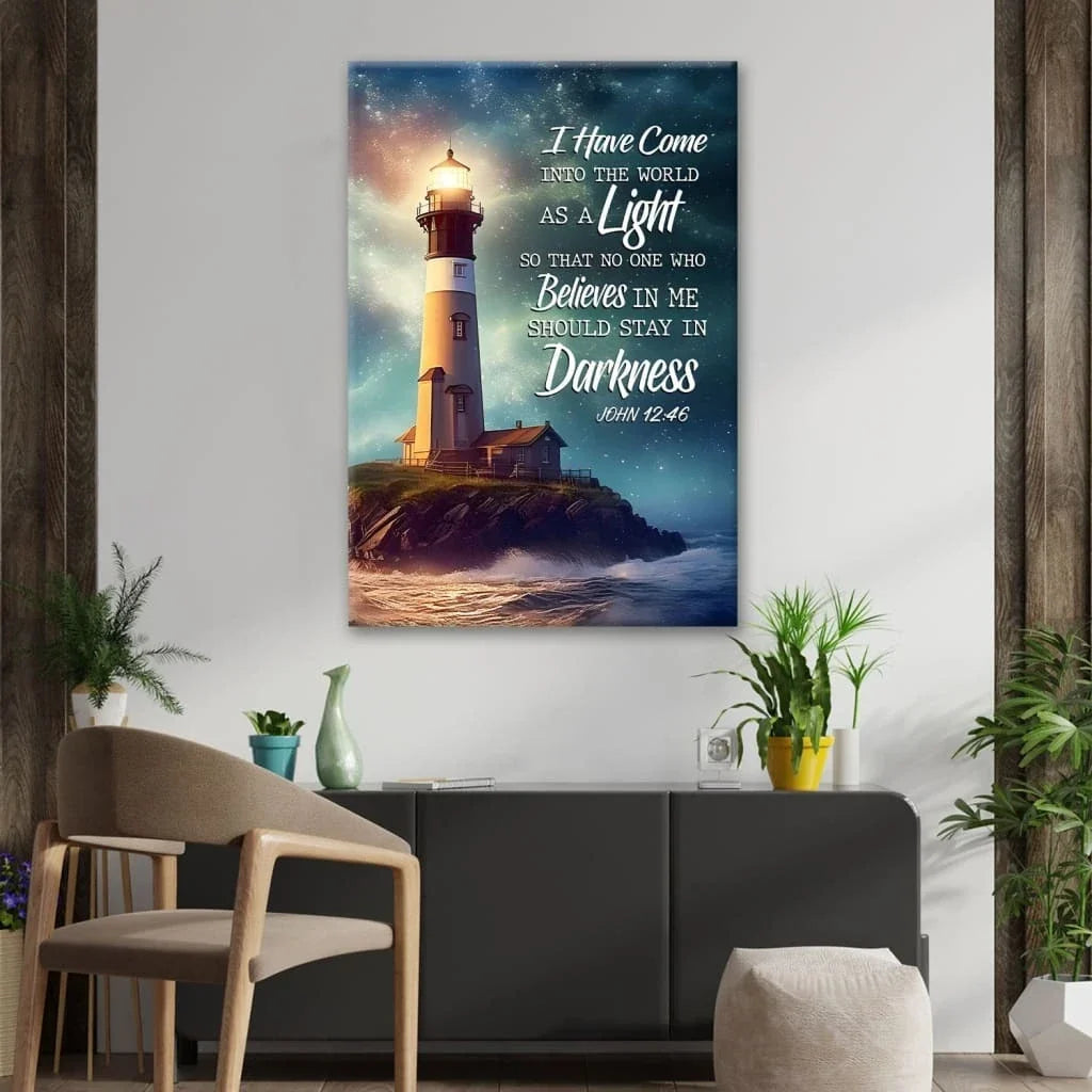 john 12 46 i have come into the world as a light lighthouse wall art canvas