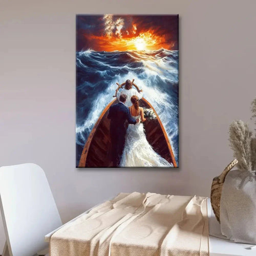 christian wall art jesus taking the wheel guiding a married couple through storms canvas