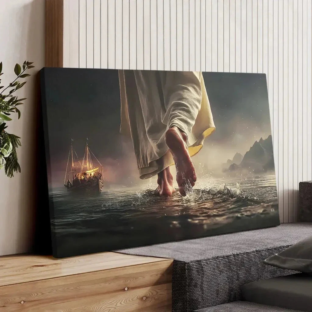 find peace in the storm jesus walking on water christian wall art canvas (Landscape) (view 2)