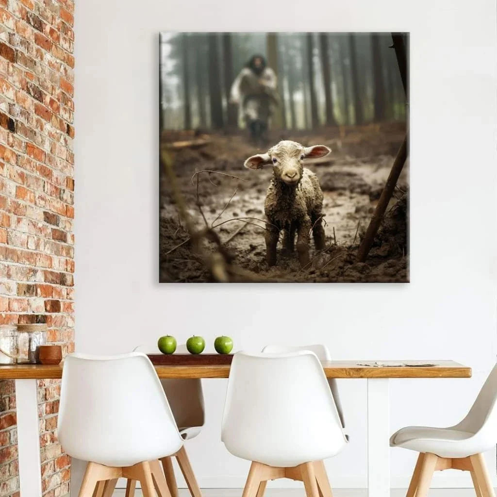 jesus with the sheep jesus running after lamb wall art canvas print (Landscape)