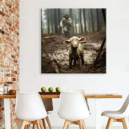 jesus with the sheep jesus running after lamb wall art canvas print (Landscape)