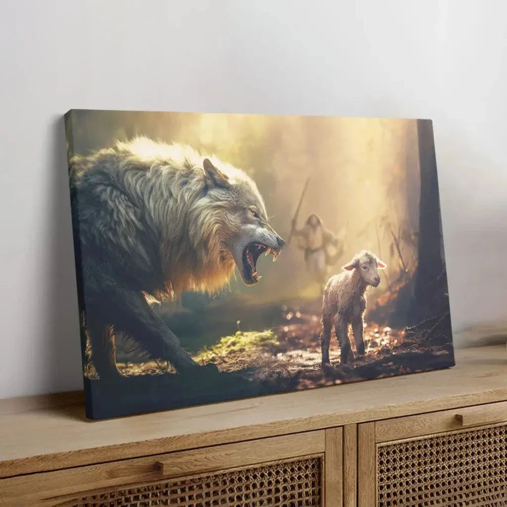 jesus running towards wolf and lamb christian wall art canvas (Landscape) (view 2)