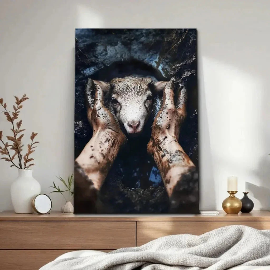 jesus rescues the lost lamb in the mud christian wall art canvas (view 2)