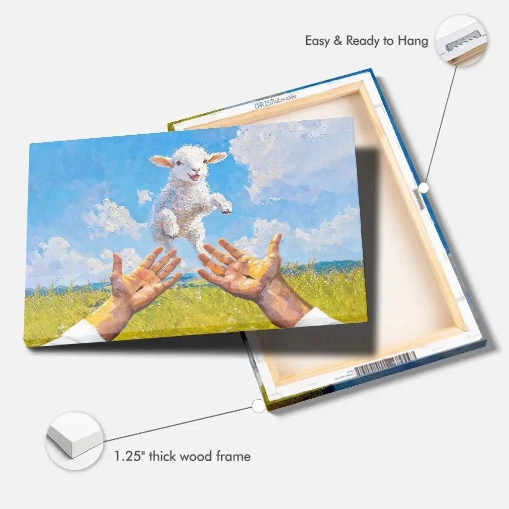 a lamb jumps into jesus arms christian wall art canvas (Landscape) (view 5)