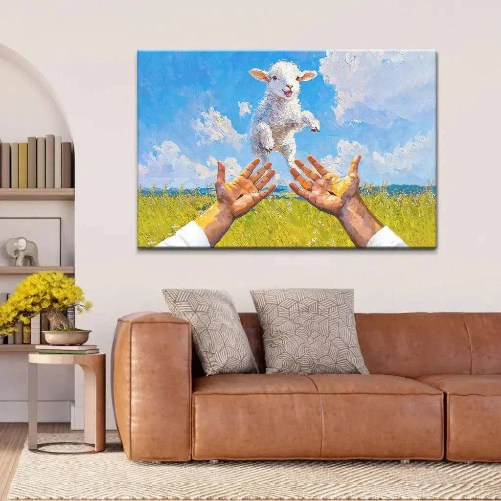 a lamb jumps into jesus arms christian wall art canvas (Landscape) (view 6)
