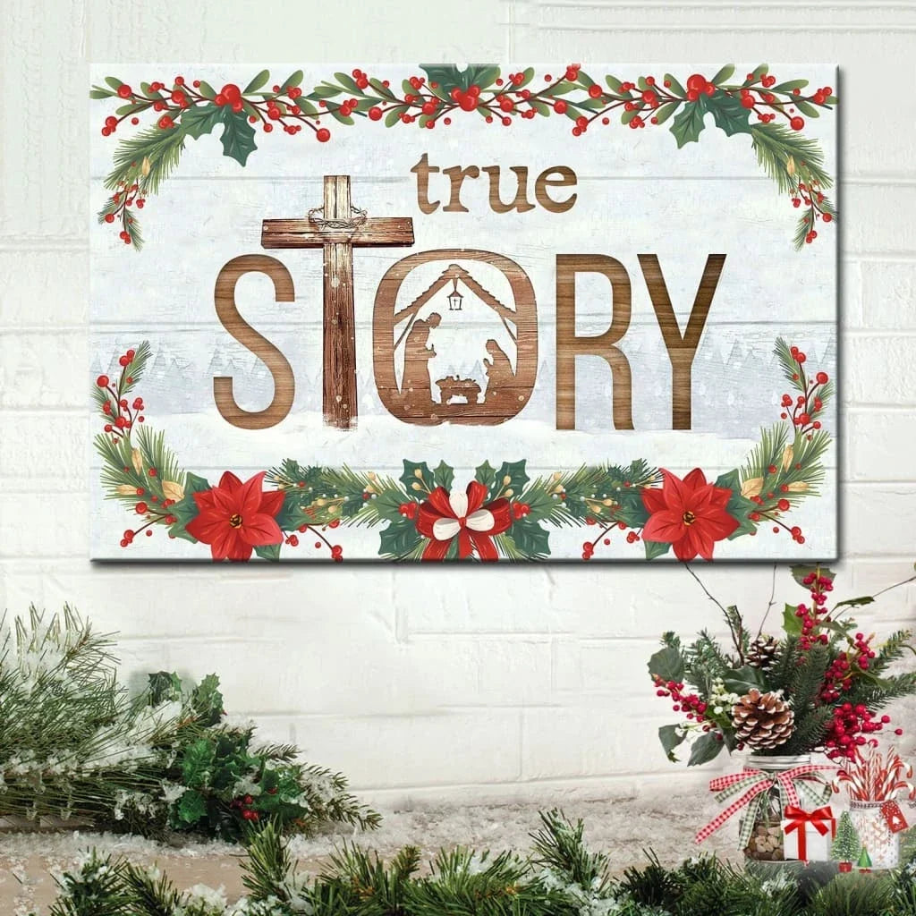 true story jesus born in a manger christmas wall art canvas (Landscape) (view 2)