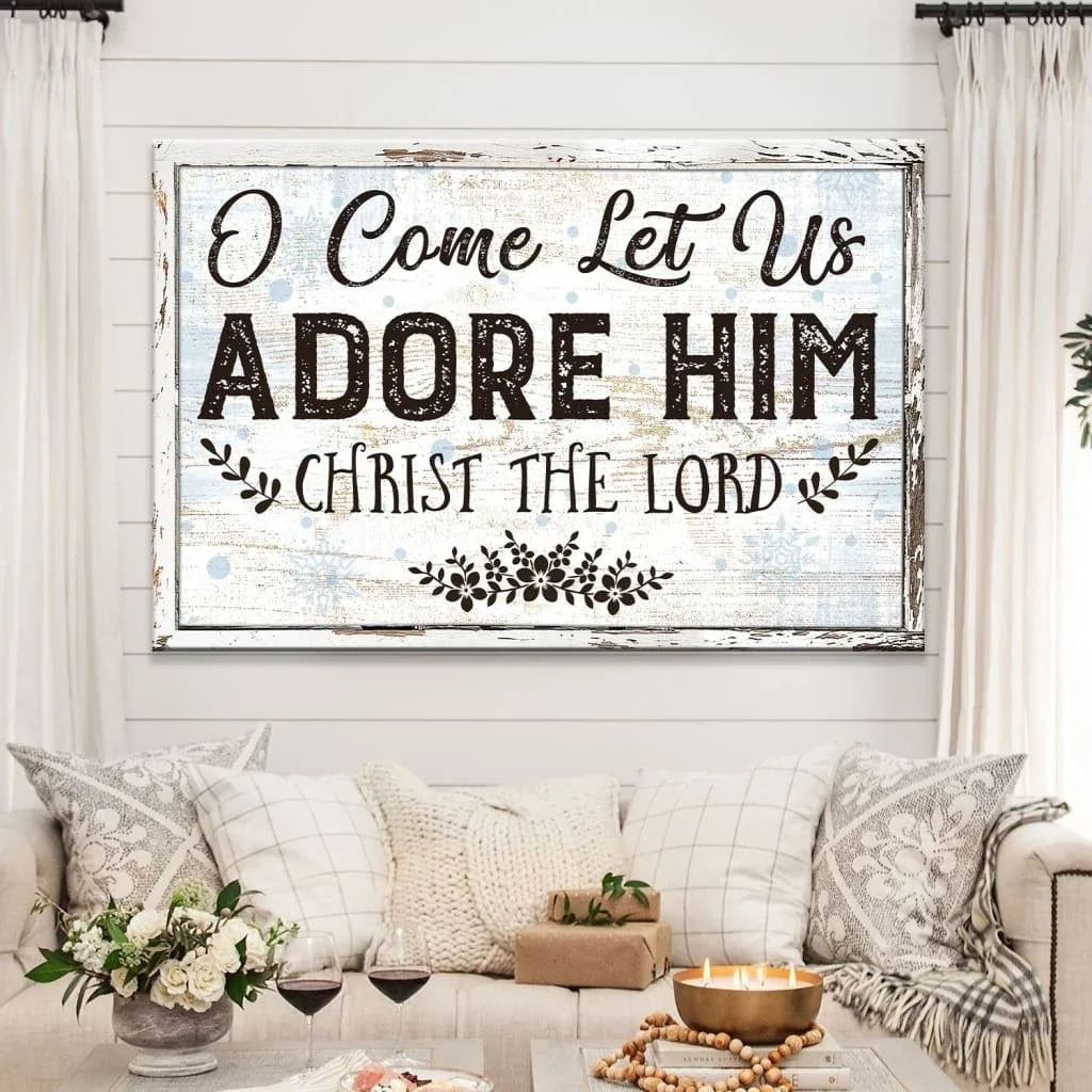 christian christmas wall art canvas o come let us adore him christmas wall decor (Landscape)