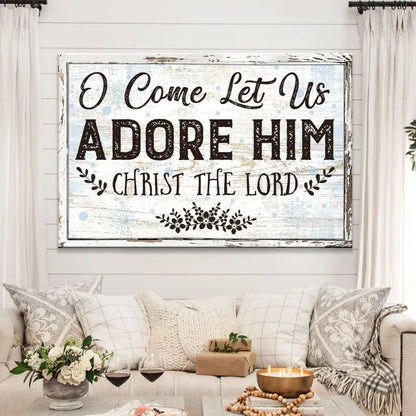 christian christmas wall art canvas o come let us adore him christmas wall decor (Landscape)