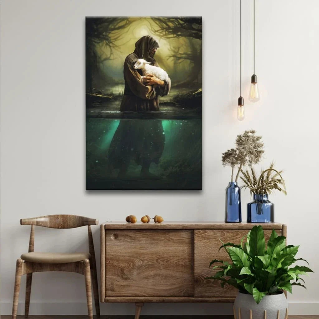 christian wall art jesus as shepherd carrying lamb through the waters canvas