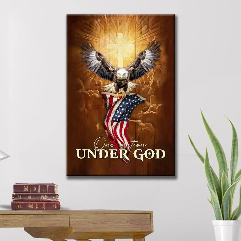 one nation under god bald eagle with american flag wall art canvas