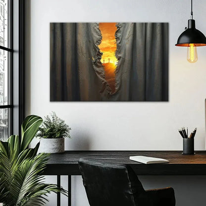 the veil was torn at jesus crucifixion christian wall art canvas (Landscape)