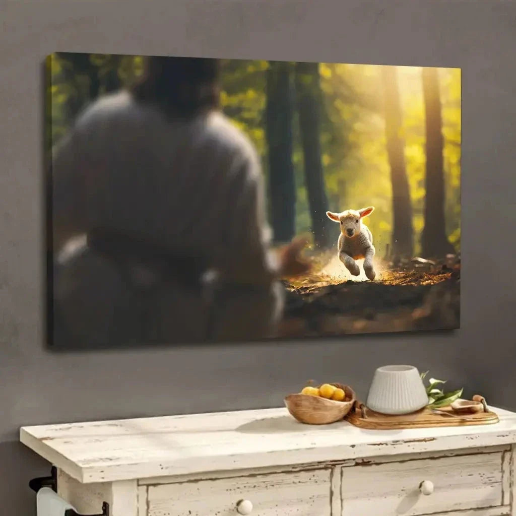 lamb running to jesus in the forest wall art canvas (Landscape)