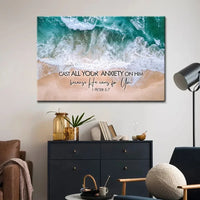 cast all your anxiety on him 1 peter 5 7 ocean waves wall art canvas (Landscape)